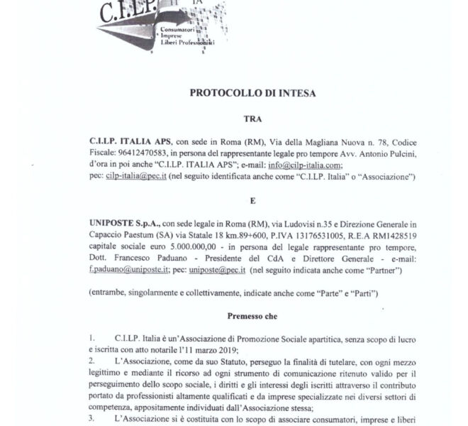 protocollo di intesa CILP ITALIA APS e UNIPOSTE SPA
